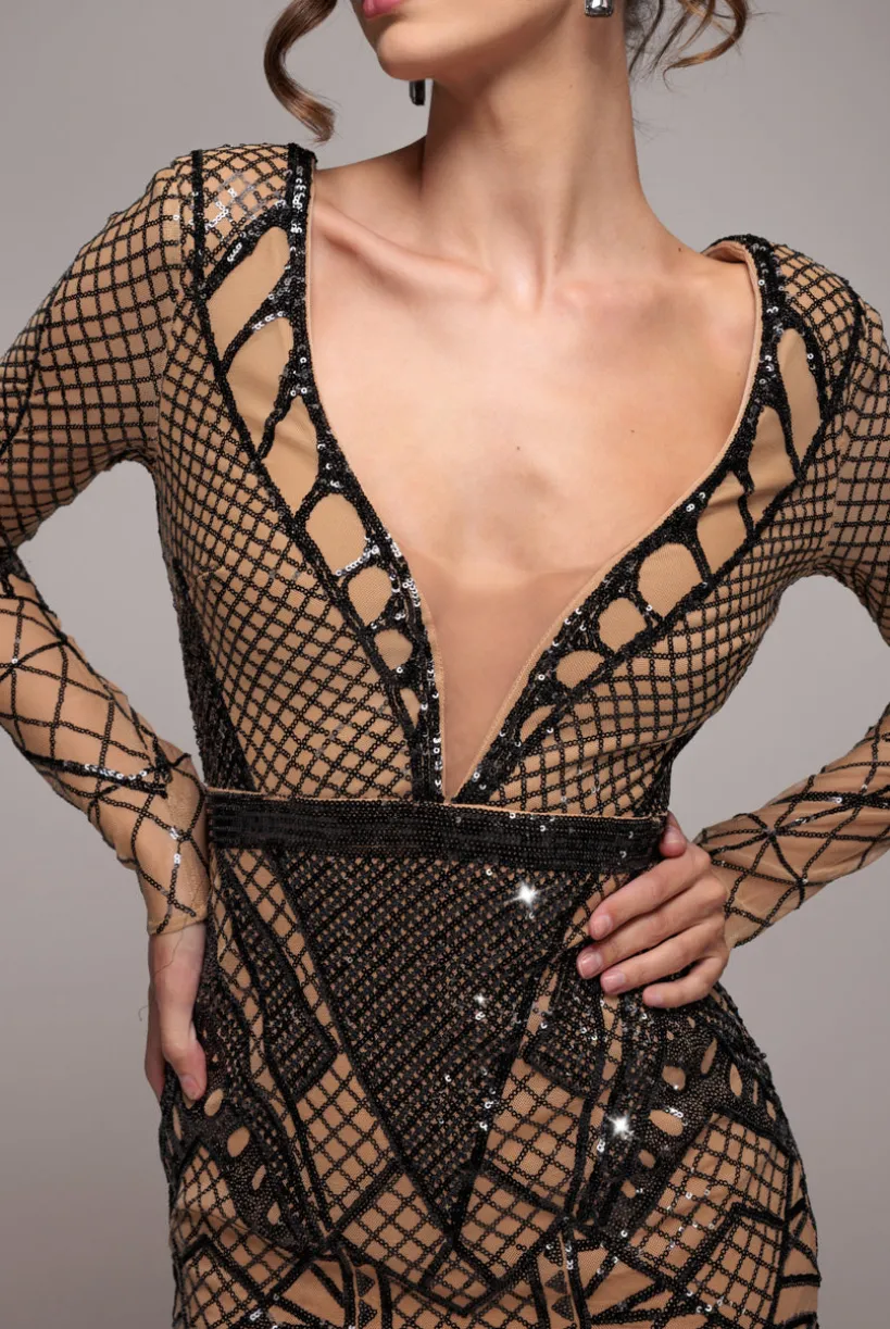 Geometric Sequin Plunge Midi - Black by Goddiva