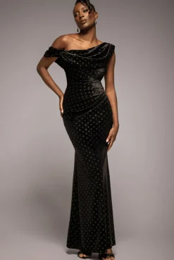 Glitter Velvet Cowl Neck Off The Shoulder Maxi Dress - Black by Goddiva