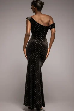 Glitter Velvet Cowl Neck Off The Shoulder Maxi Dress - Black by Goddiva