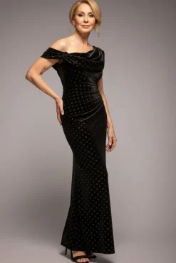 Glitter Velvet Cowl Neck Off The Shoulder Maxi Dress - Black by Goddiva
