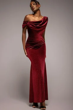 Glitter Velvet Cowl Neck Off The Shoulder Maxi Dress - Wine by Goddiva