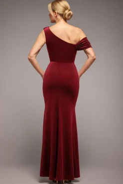 Glitter Velvet Cowl Neck Off The Shoulder Maxi Dress - Wine by Goddiva