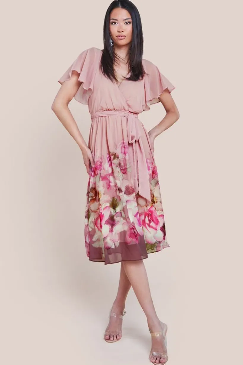 Goddiva Chiffon Floral Border Print Midi Dress - Blush