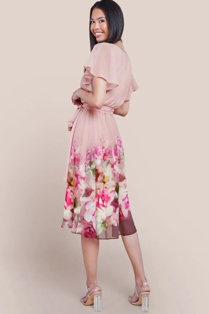 Goddiva Chiffon Floral Border Print Midi Dress - Blush
