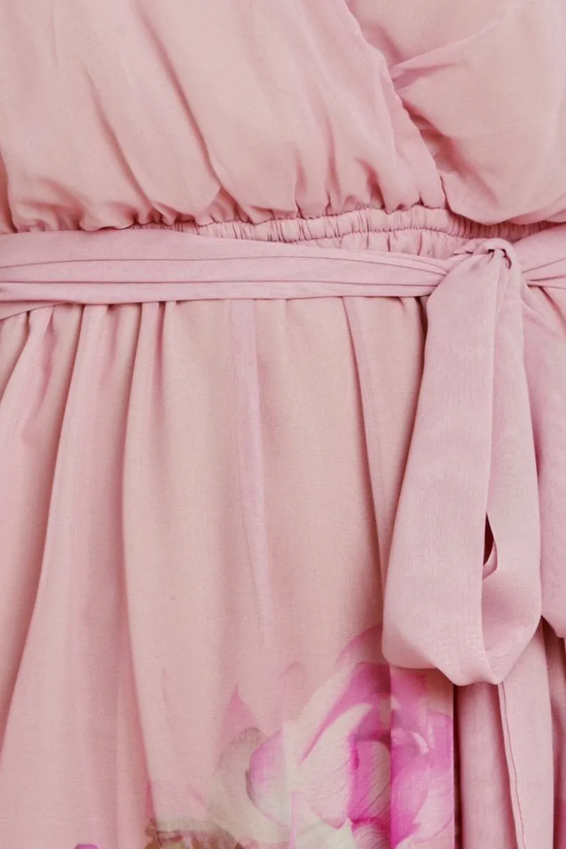 Goddiva Chiffon Floral Border Print Midi Dress - Blush