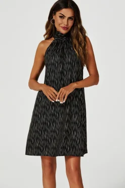 Gold Foil Halter Neck Tie Back Mini Dress In Black by FS Collection