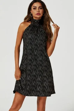 Gold Foil Halter Neck Tie Back Mini Dress In Black by FS Collection