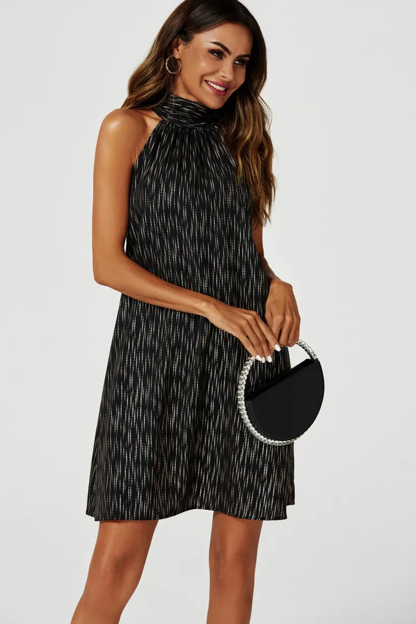 Gold Foil Halter Neck Tie Back Mini Dress In Black by FS Collection