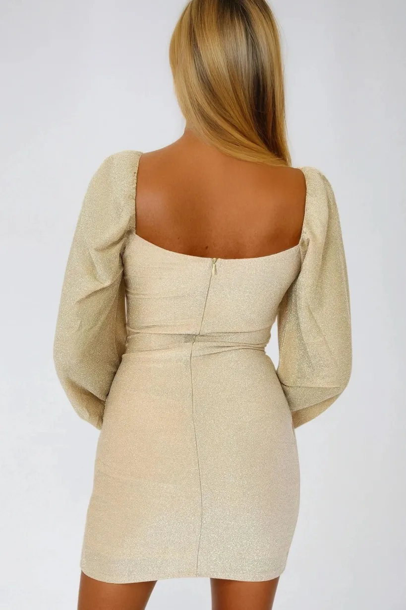 Gold Long Sleeve Mini Dress by Aftershock London