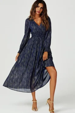 Gold Stripe Foil Long Sleeve Maxi Dress In Navy by FS Collection