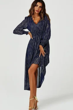 Gold Stripe Foil Long Sleeve Maxi Dress In Navy by FS Collection
