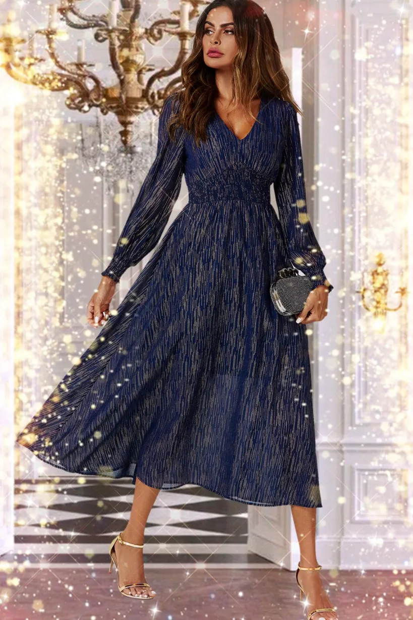 Gold Stripe Foil Long Sleeve Maxi Dress In Navy by FS Collection