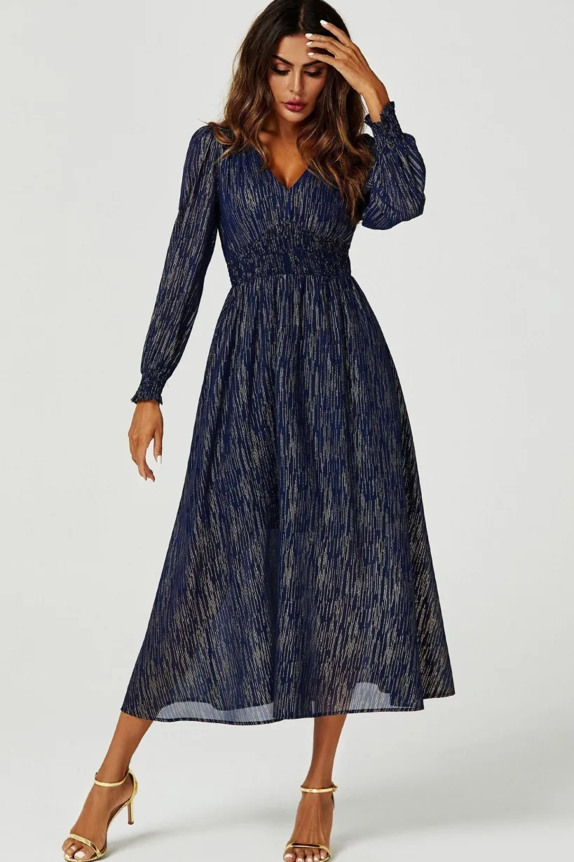Gold Stripe Foil Long Sleeve Maxi Dress In Navy by FS Collection
