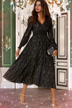 Gold Stripe Foil Long Sleeve Maxi Dress In Black by FS Collection
