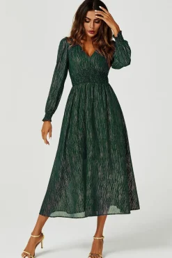 Gold Stripe Foil Long Sleeve Maxi Dress In Green by FS Collection