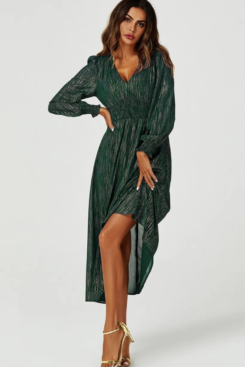Gold Stripe Foil Long Sleeve Maxi Dress In Green by FS Collection