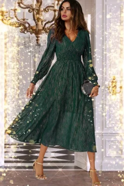 Gold Stripe Foil Long Sleeve Maxi Dress In Green by FS Collection