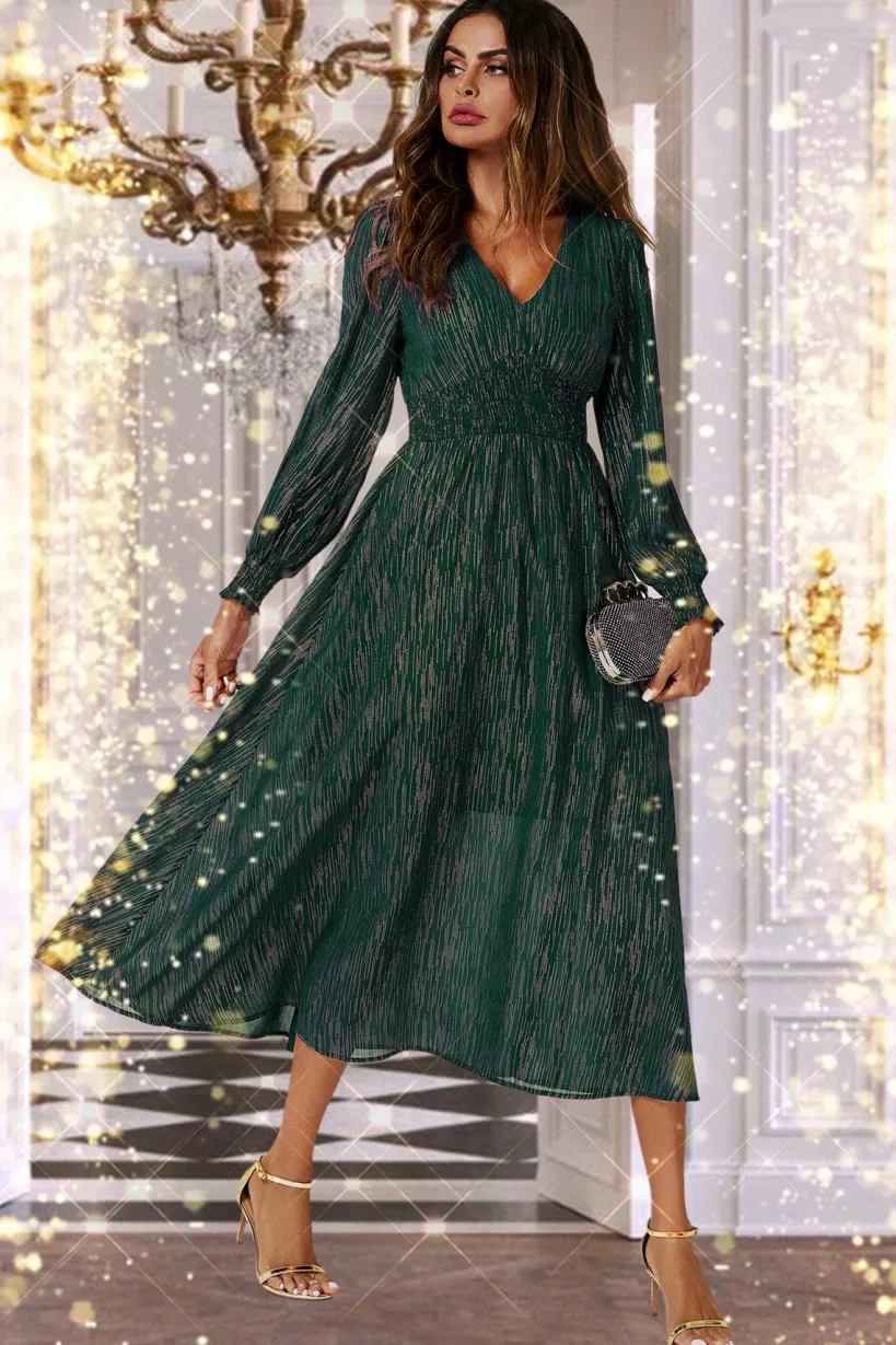 Gold Stripe Foil Long Sleeve Maxi Dress In Green by FS Collection