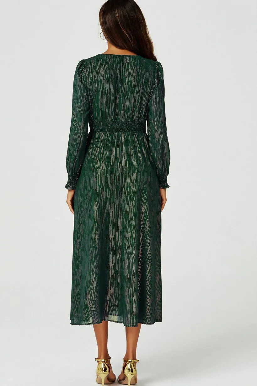 Gold Stripe Foil Long Sleeve Maxi Dress In Green by FS Collection