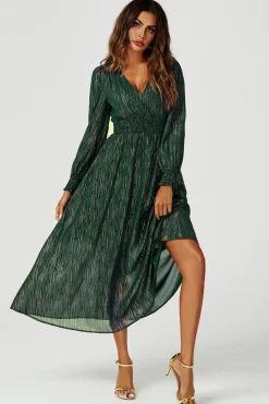 Gold Stripe Foil Long Sleeve Maxi Dress In Green by FS Collection