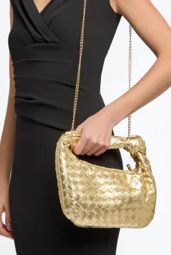 Gold Woven Shoulder Bag With Knot Detail by Aftershock London