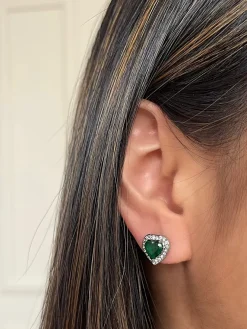 Green Diamante Heart Necklace And Earrings Set In Silver by SVNX