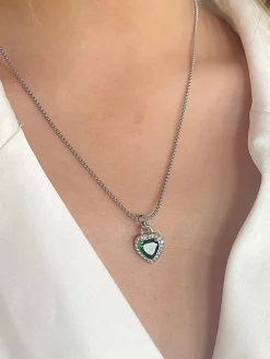 Green Diamante Heart Necklace And Earrings Set In Silver by SVNX