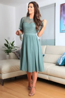 Green Lace Dress With Tea Sleeve by Double Second