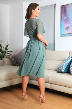 Green Lace Dress With Tea Sleeve by Double Second