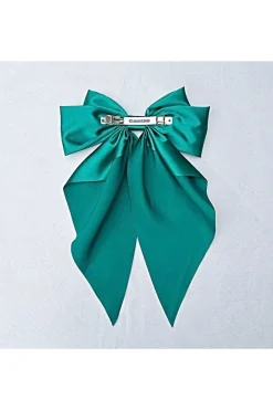 Green Satin Hair Bow Green Hair Clip Long Bow by QueenMee Accessories