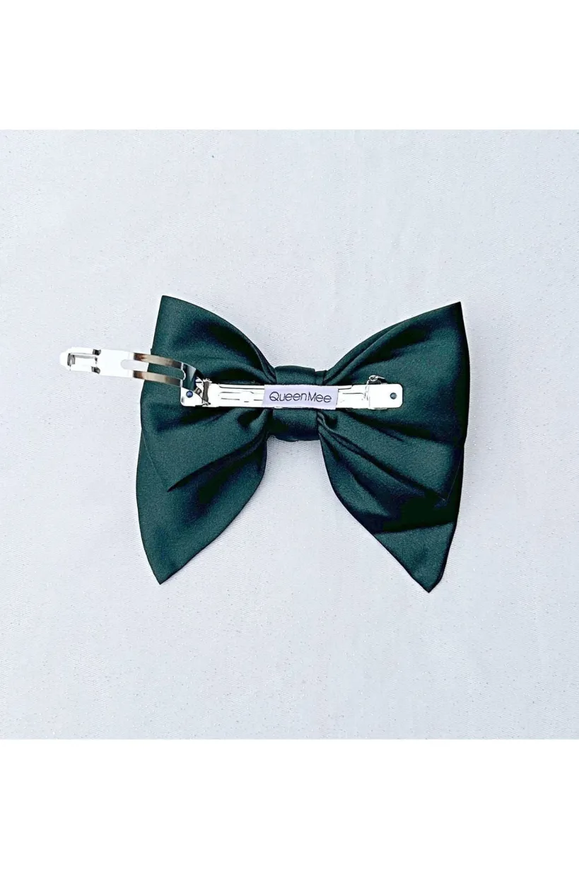 Green Satin Hair Bow Green Hair Clip by QueenMee Accessories