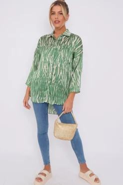 Green Tie Dye Print Satin Oversized Shirt by LOVE SUNSHINE