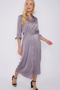 Grey Half Sleeve Belted Maxi Shirt Dress by LOVE SUNSHINE