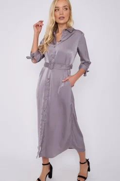 Grey Half Sleeve Belted Maxi Shirt Dress by LOVE SUNSHINE