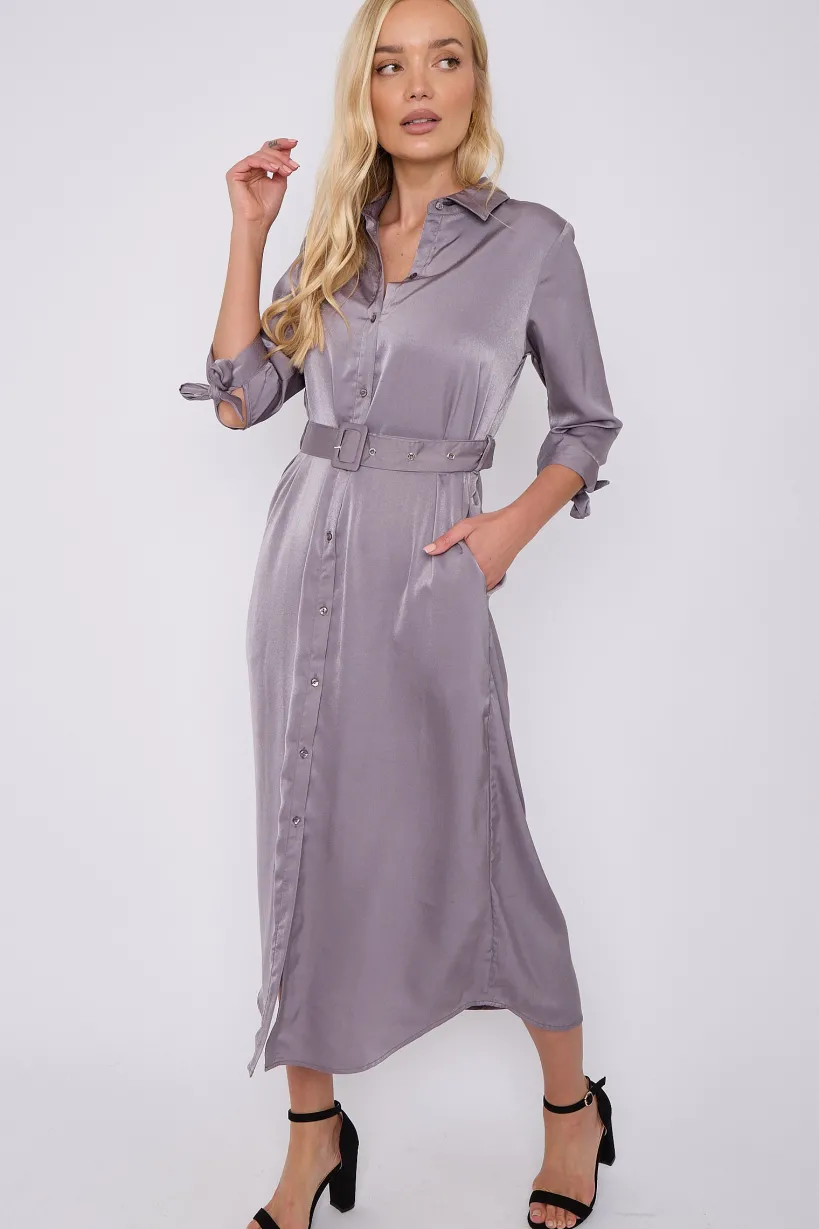 Grey Half Sleeve Belted Maxi Shirt Dress by LOVE SUNSHINE