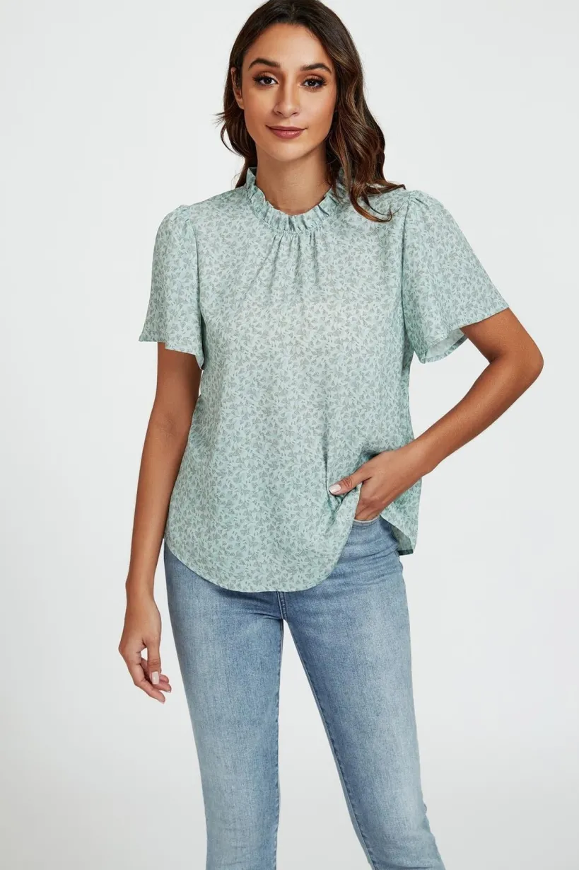 Grey Little Floral Print Angle Sleeve High Neck Top Blouse In Blue by FS Collection