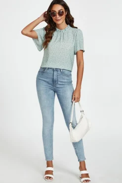 Grey Little Floral Print Angle Sleeve High Neck Top Blouse In Blue by FS Collection