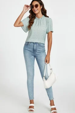 Grey Little Floral Print Angle Sleeve High Neck Top Blouse In Blue by FS Collection