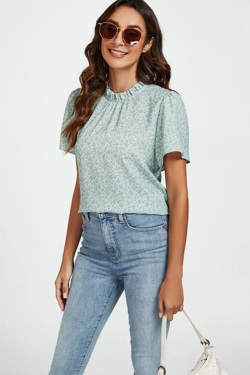 Grey Little Floral Print Angle Sleeve High Neck Top Blouse In Blue by FS Collection
