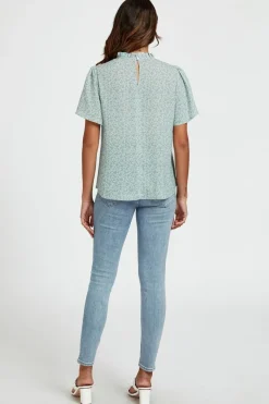 Grey Little Floral Print Angle Sleeve High Neck Top Blouse In Blue by FS Collection