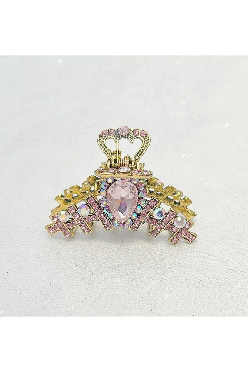 Hair Clamp In Pink Hair Claw Clip With Crystal Gold by QueenMee Accessories