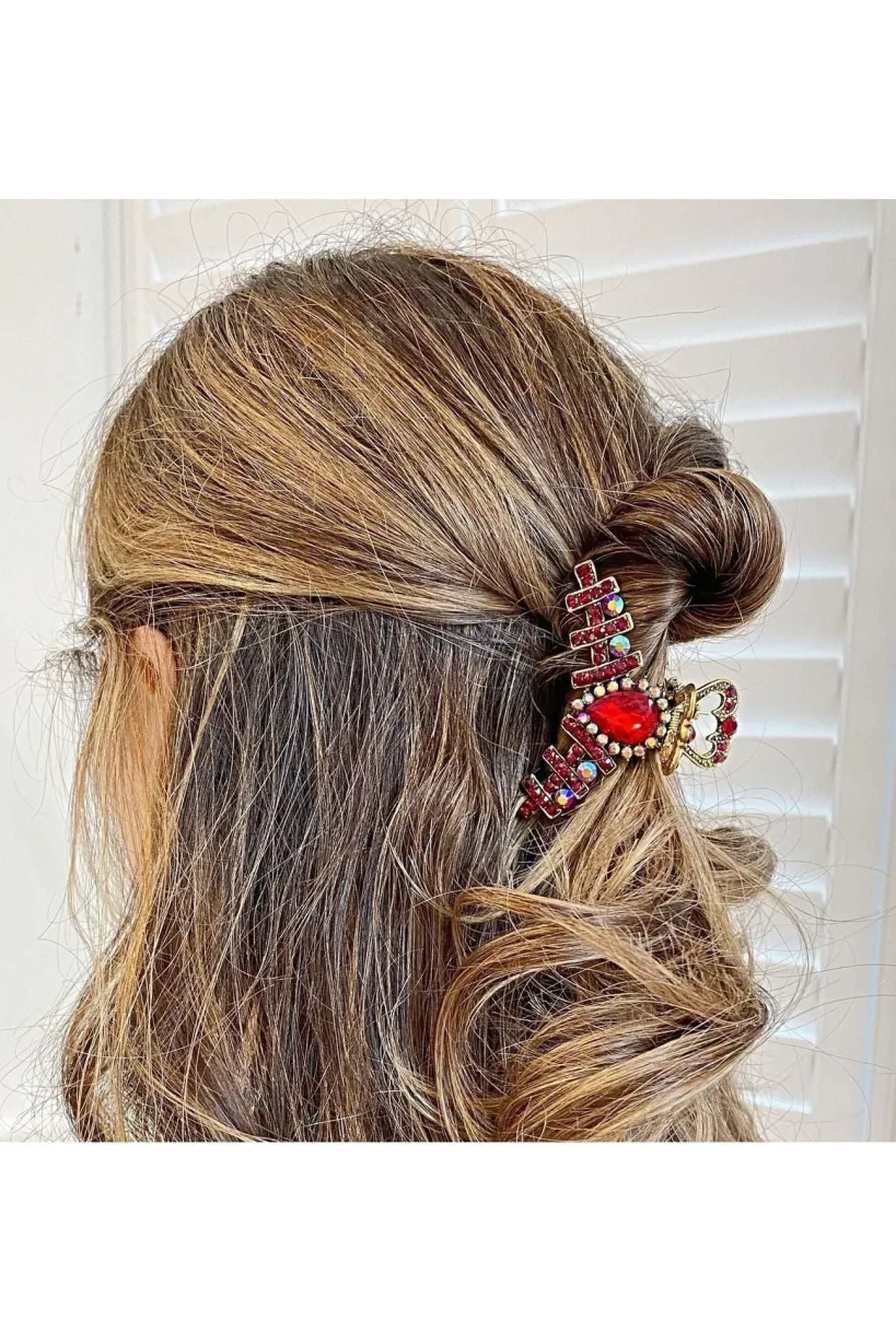Hair Clamp In Red Hair Claw Clip With Crystal Gold by QueenMee Accessories
