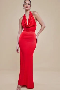 Halter Cowl Neck Back Maxi Dress - Red by Goddiva