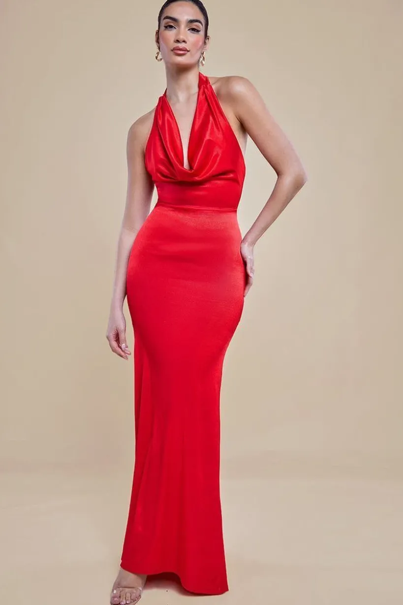 Halter Cowl Neck Back Maxi Dress - Red by Goddiva