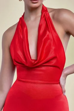 Halter Cowl Neck Back Maxi Dress - Red by Goddiva