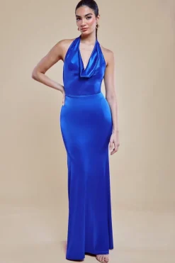 Halter Cowl Neck Back Maxi Dress - Royal Blue by Goddiva