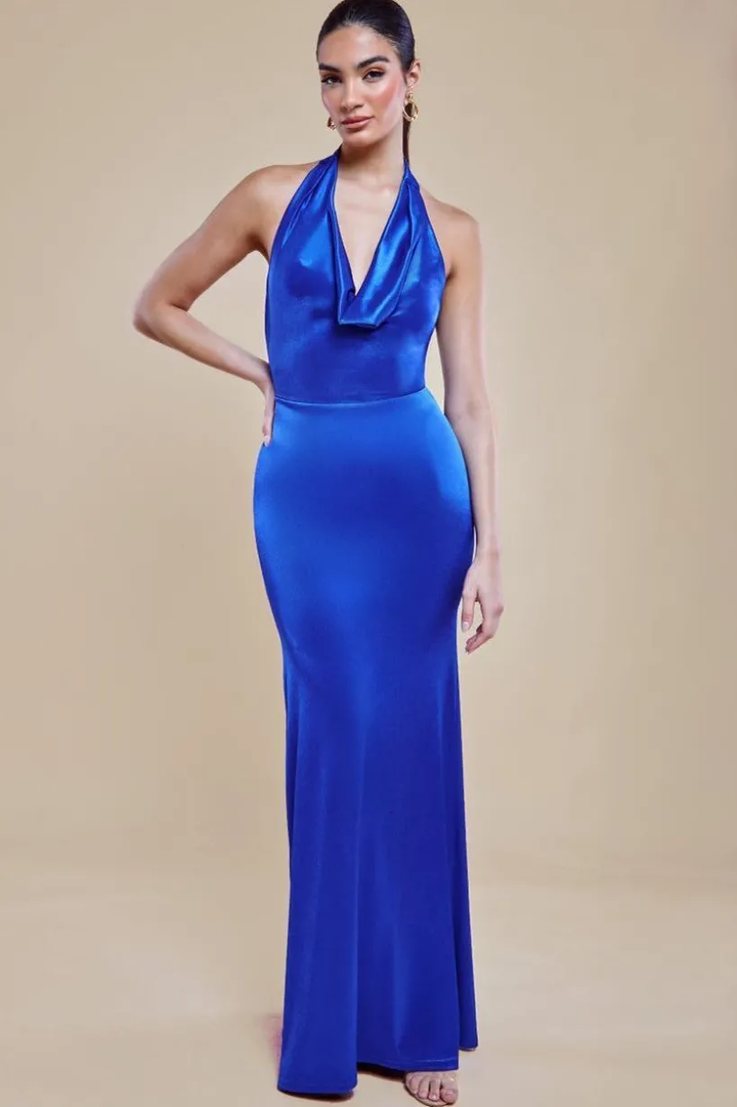 Halter Cowl Neck Back Maxi Dress - Royal Blue by Goddiva