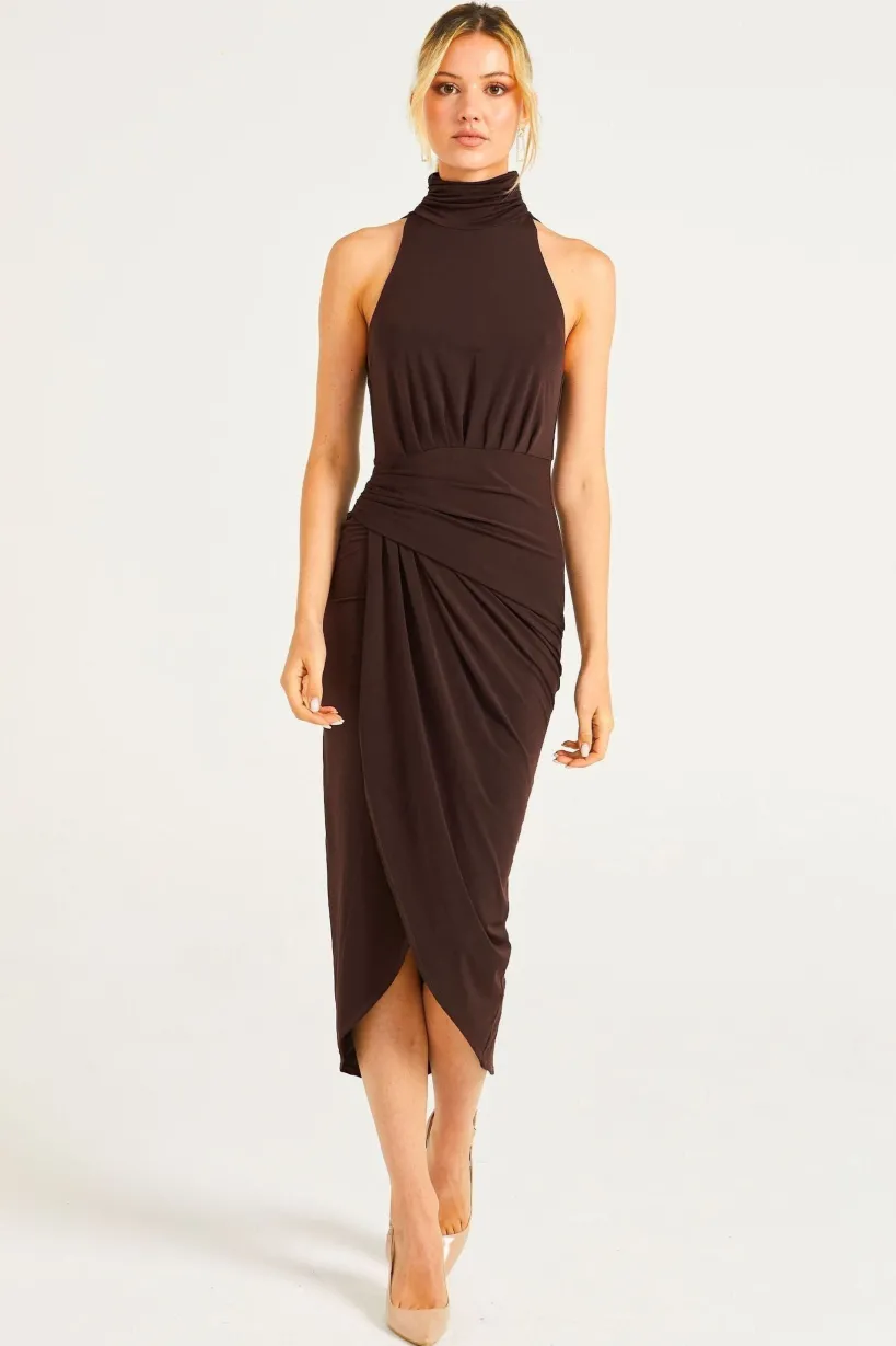 Halter Neck Faux Wrap Dress In Chocolate Brown by Angeleye