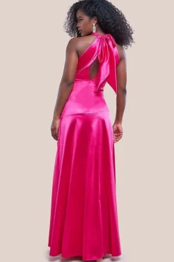Halter Neck Front Split Satin Maxi Dress - Magenta by Goddiva