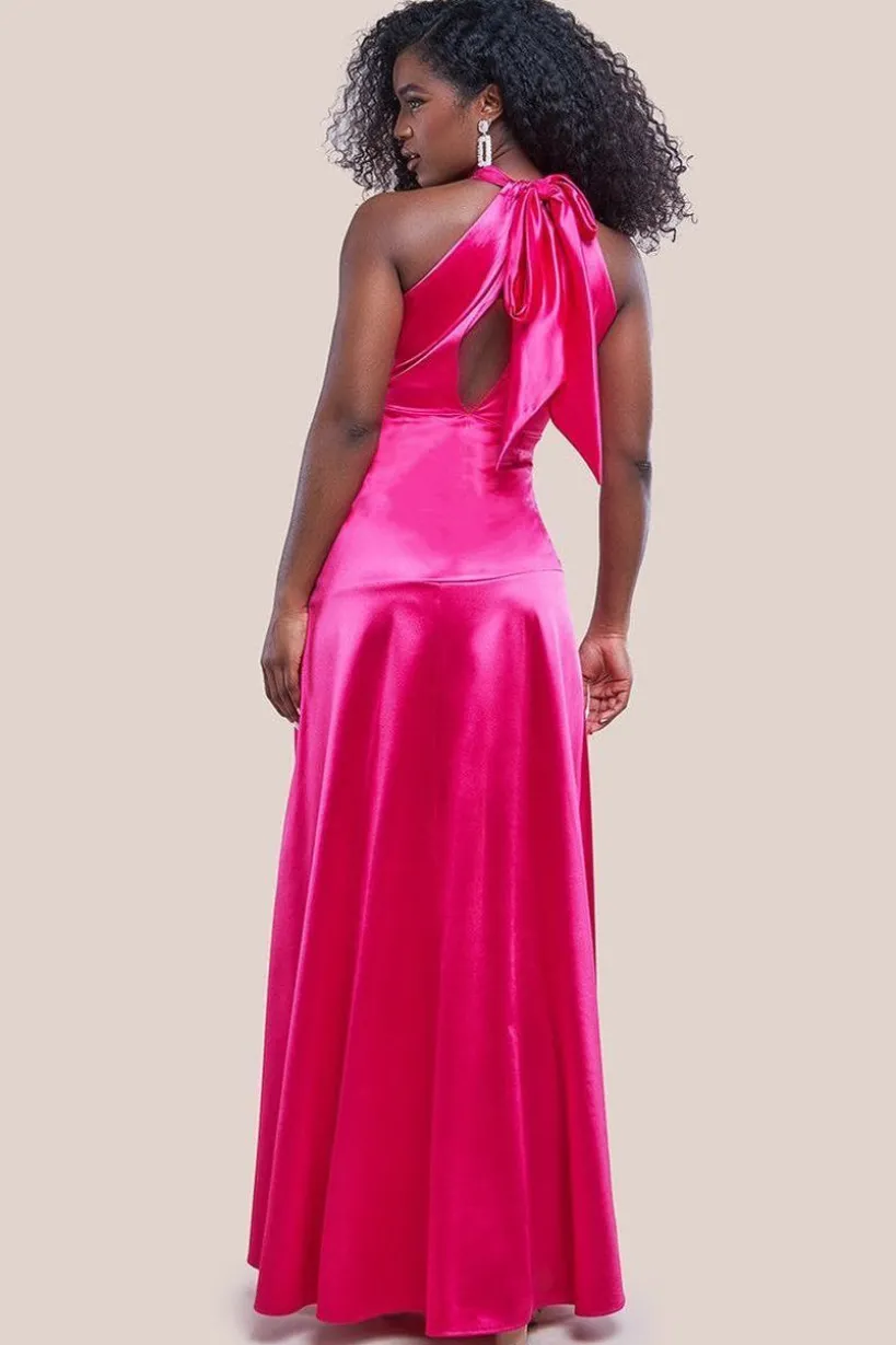 Halter Neck Front Split Satin Maxi Dress - Magenta by Goddiva